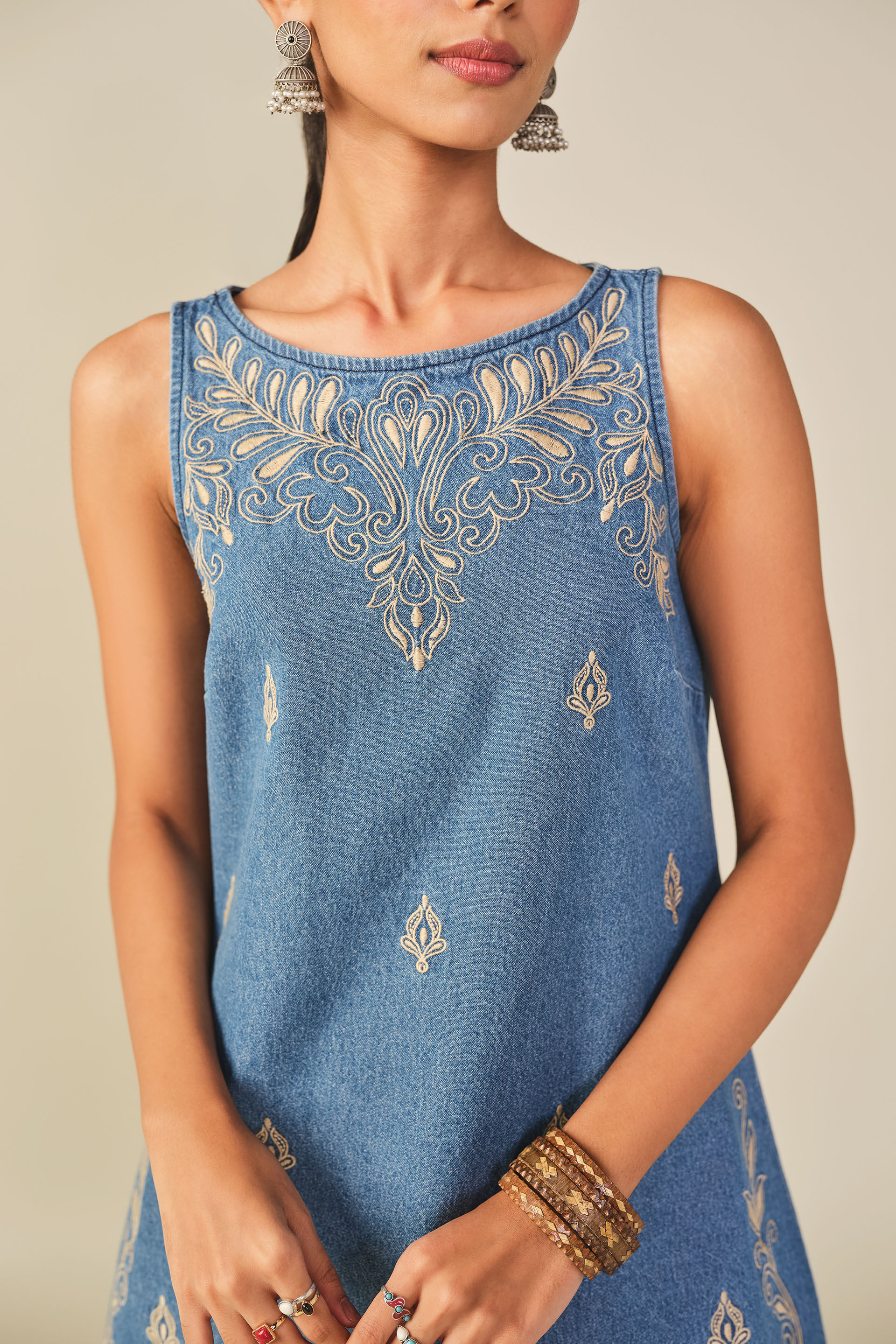 Embroidered Cotton Shift Dress in Midnight Blue, Blue, image 2